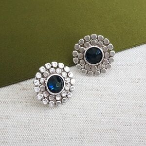 Fancy Round Stud Earrings, Blue Crystal Center Stone, Cocktail, Wedding NWT